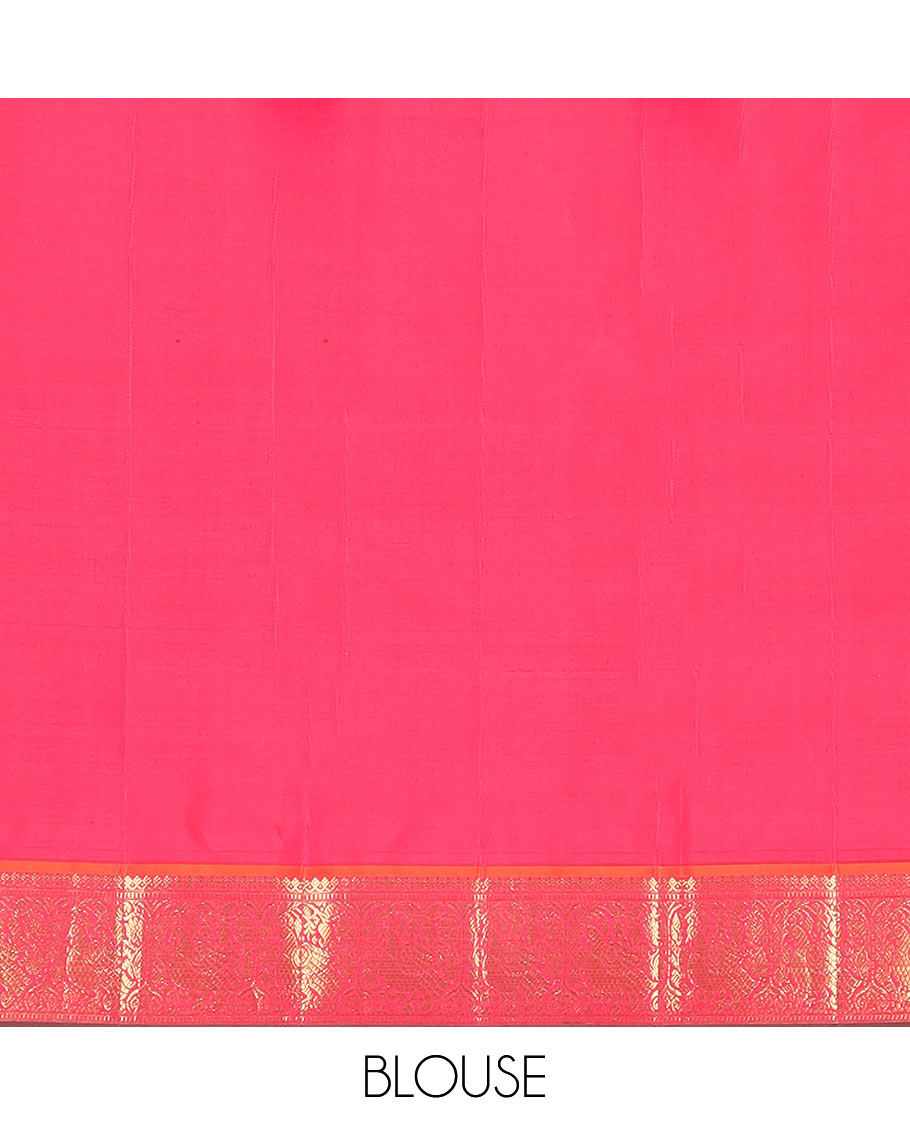 Blue mayil buttas Kanchipuram silk saree, contrast border of thilakam mokku, muthu, and mayil designs, and jaal pallu