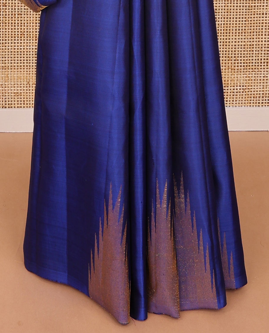 Blue kancheepuram silk saree with self temple border & striped pallu