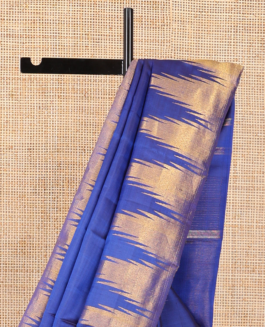 Blue kancheepuram silk saree with self temple border & striped pallu