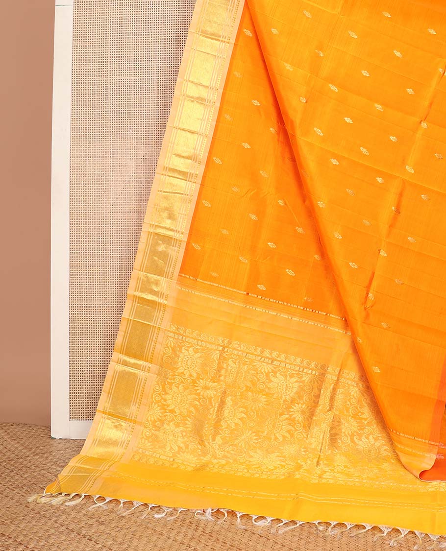 Orange buttas kancheepuram silk saree with contrast border of thilakam mokku, banaras, geometric design & floral pallu