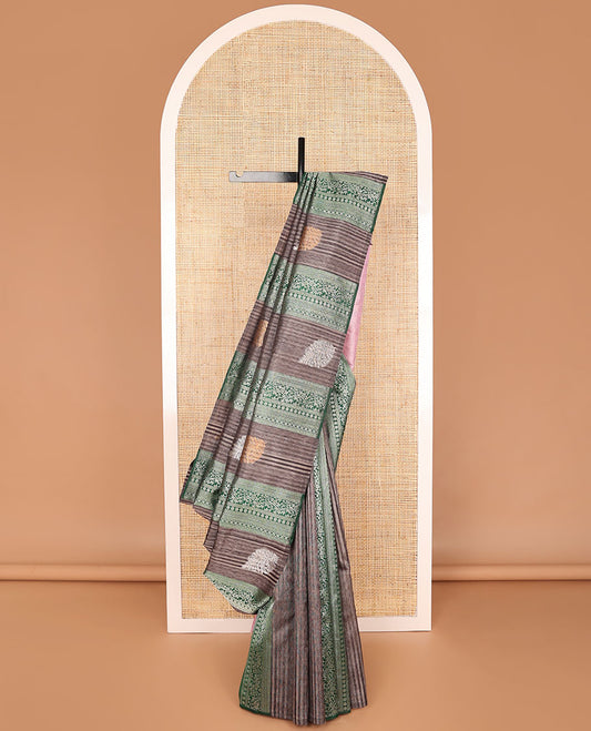 Borderless brown floral design kancheepuram silk saree with argyle design pallu