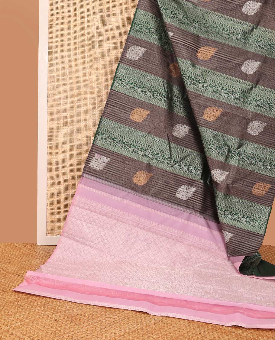 Borderless brown floral design kancheepuram silk saree with argyle design pallu