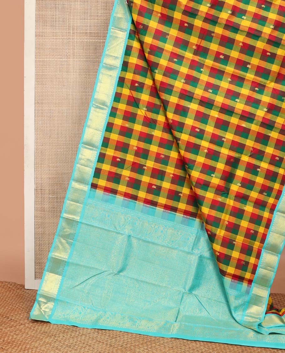 Multi-color paalum pazhamum checks, and buttas Kanchipuram korvai silk saree, contrast korvai border of thilakam mokku, muthu, and laddu kamalam, and annam chakram enclosed pallu