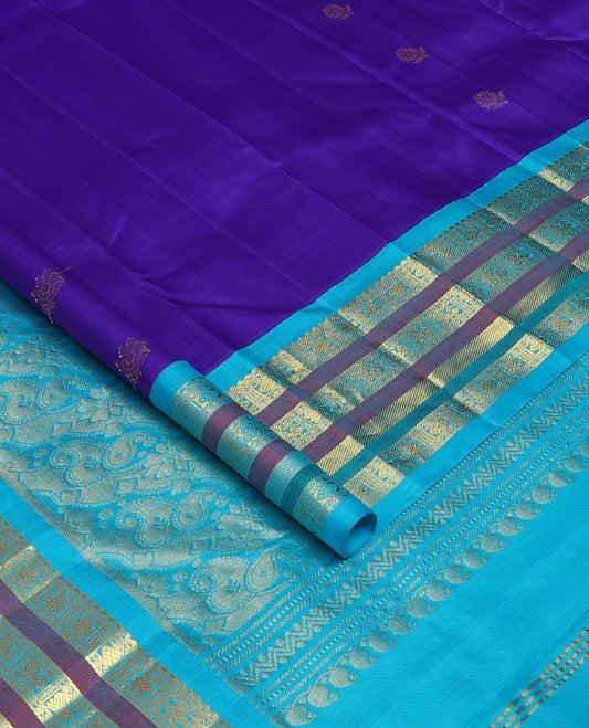 Blue zari buttas Kanchipuram silk saree, contrast one-sided border of salangai,rudraksham,neli & mayil design & zari design pallu