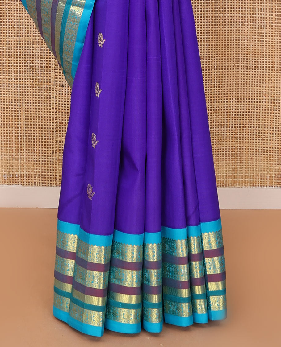 Blue zari buttas Kanchipuram silk saree, contrast one-sided border of salangai,rudraksham,neli & mayil design & zari design pallu