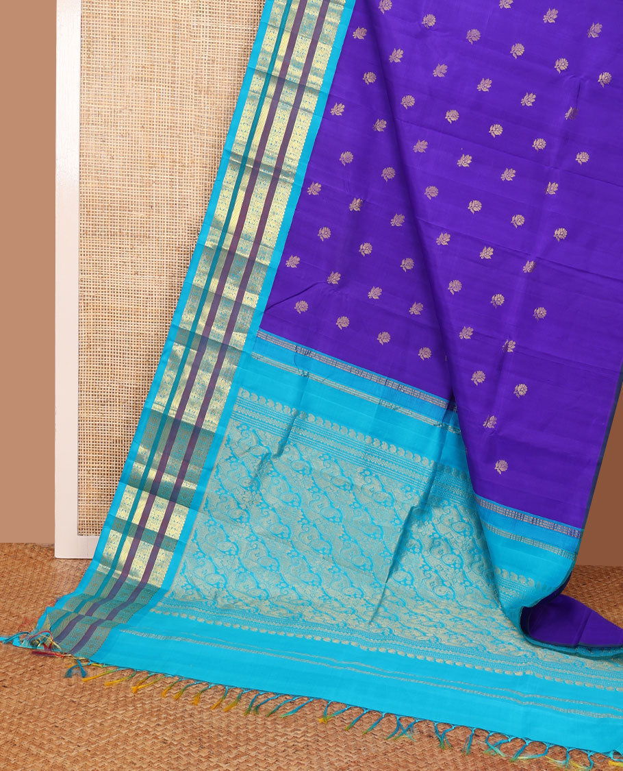 Blue zari buttas Kanchipuram silk saree, contrast one-sided border of salangai,rudraksham,neli & mayil design & zari design pallu