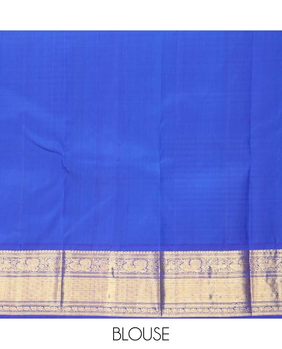 Blue micro-checked Kanchipuram silk saree, contrast korvai border of manga mokku,kathir,muthu,manga and mayil and jaal pallu