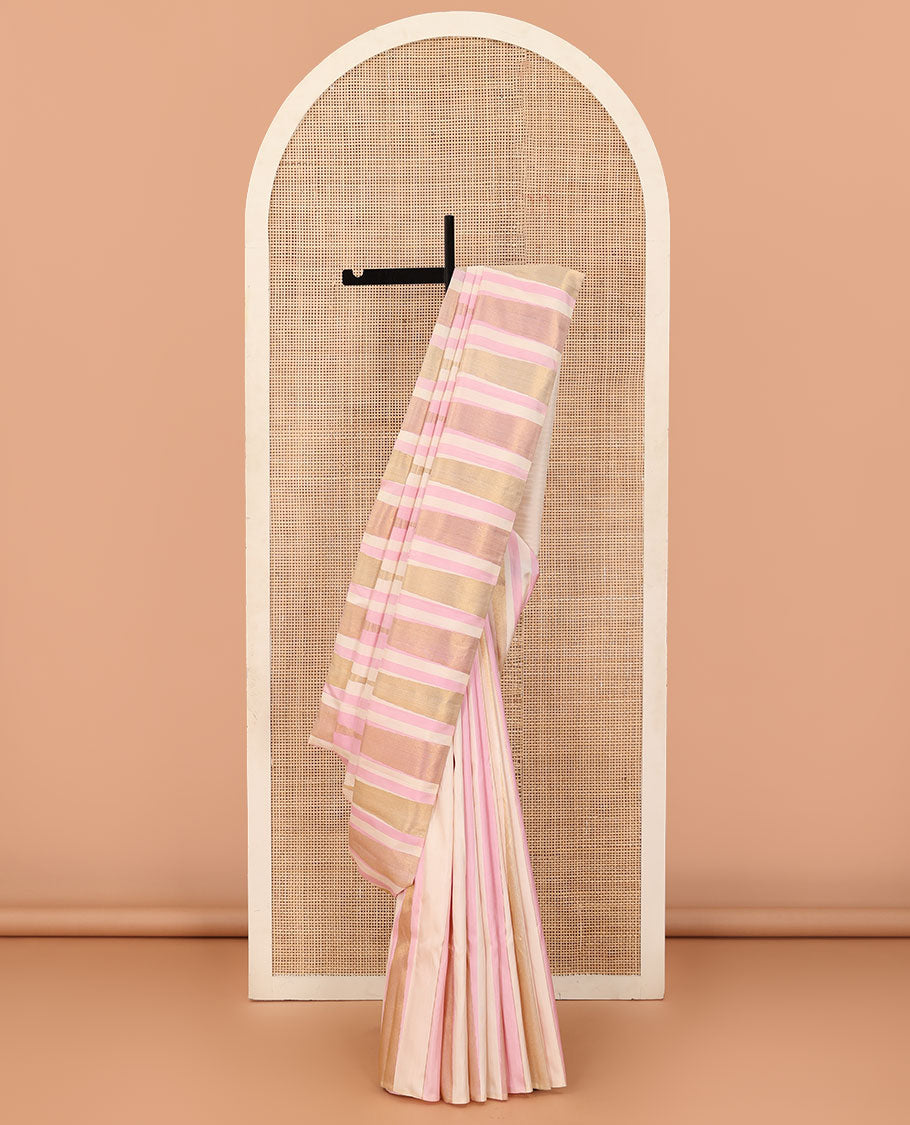 Borderless multi-color thazampoo rekku zari woven Kanchipuram silk saree, zari-rich pallu of seppu rekku designs