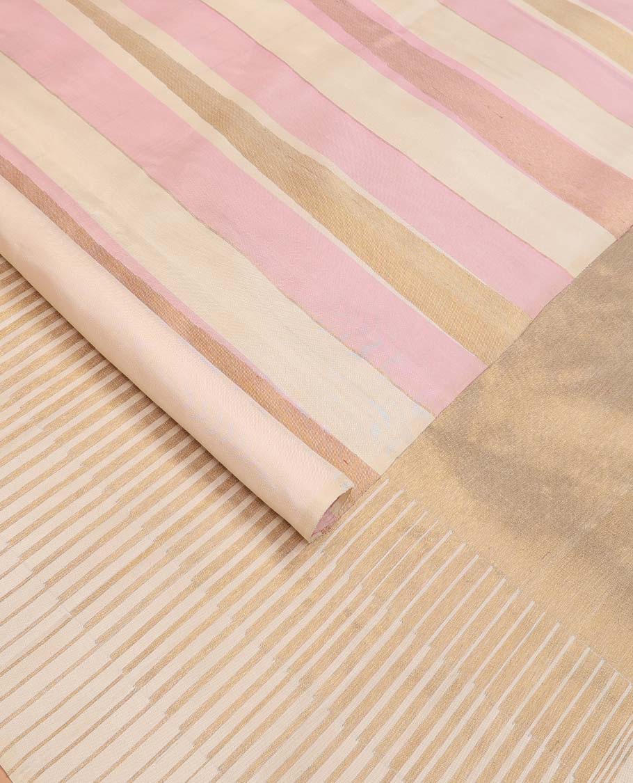 Borderless multi-color thazampoo rekku zari woven Kanchipuram silk saree, zari-rich pallu of seppu rekku designs