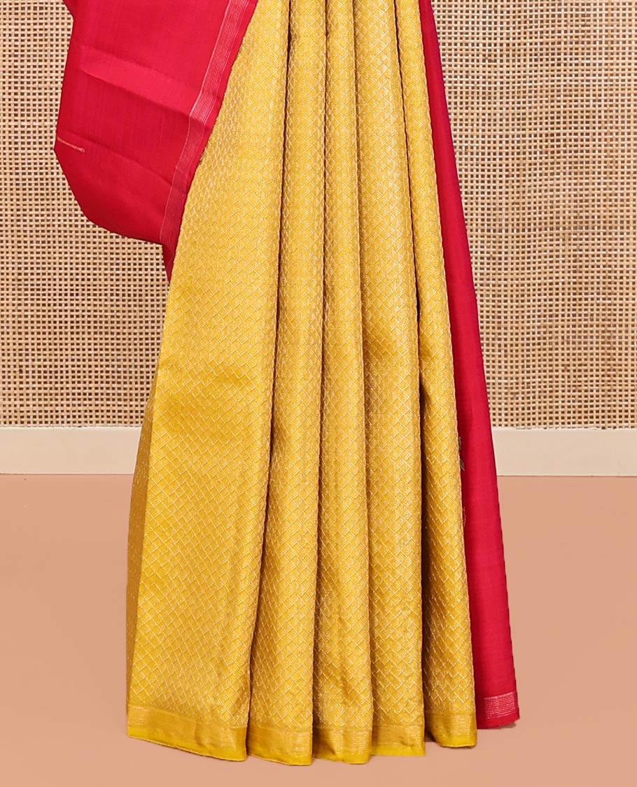 Yellow and Red Half-And-Half-Style Kanchipuram Designer Silk Saree, Subtly Enriched with Floral Buttas and Jaal Designs All Over Its Body, Piping Border, Captivating Contrast Pallu of Traditional Designs Weave, and Is Paired with a Contrast Blouse