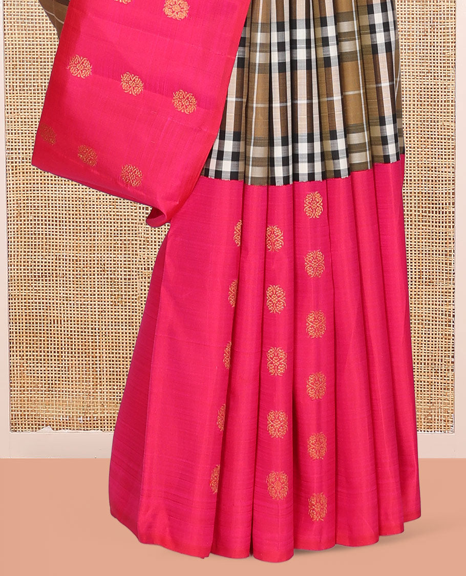 Brown Kanchipuram Designer Silk Saree, Impeccably Designed with Burberry Checks, Complemented by a Contrast Zari Buttas Border, Pallu of Yaali Design, and Contrast Blouse