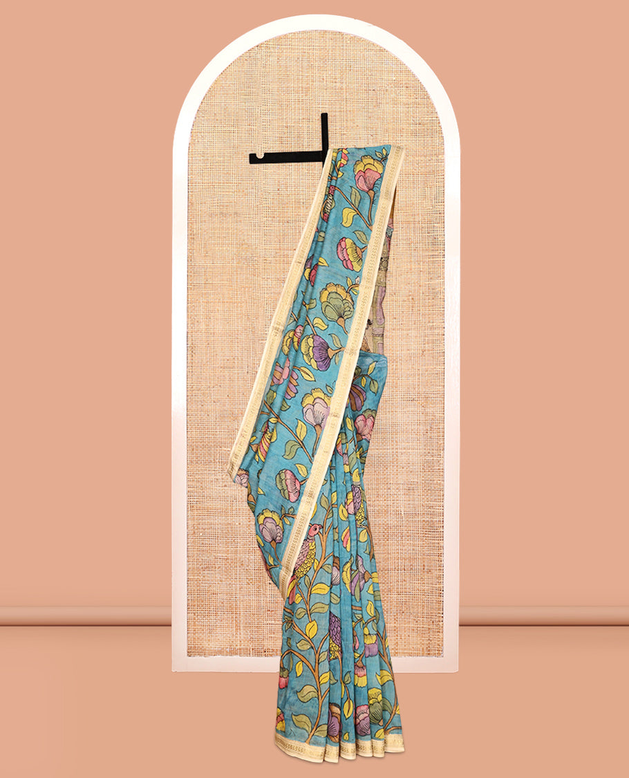 Blue Floral-Bird Pen Kalamkari Silk Saree, a Contrast Border, Lord Krishna-Disciple Pallu, Contrast Blouse