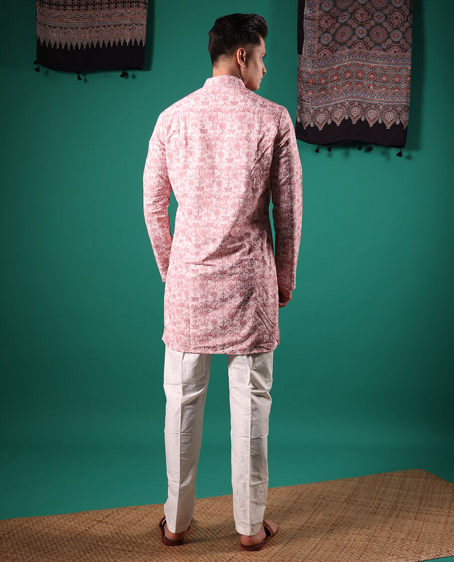 Baby pink crushed textured with tropical floral printed full-sleeved men's kurta