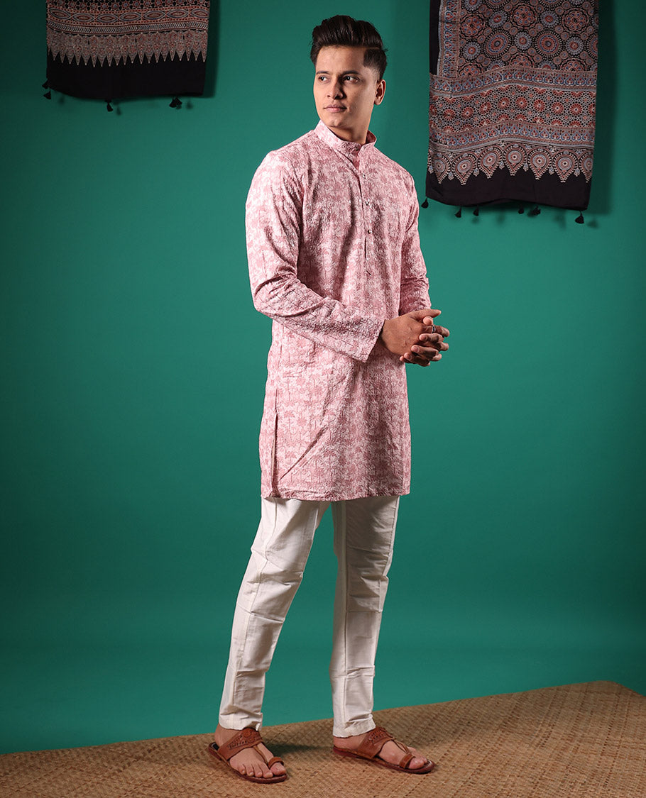 Baby pink crushed textured with tropical floral printed full-sleeved men's kurta