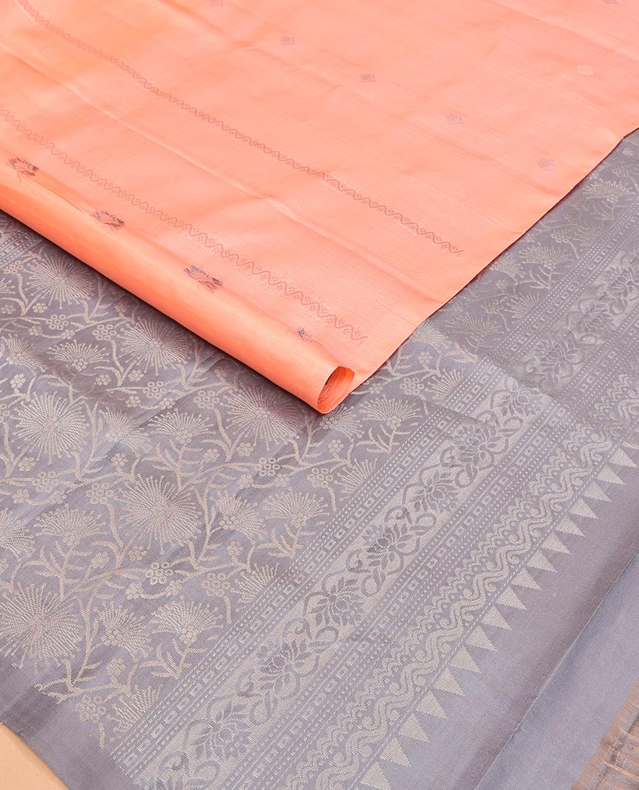 Borderless Peach Mayuri Soft Silk Saree Prettified with Buttas and Stripes All Over the Body, Complemented by a Contrast Pallu of Floral Jaal Design, and Paired with a Contrast Blouse