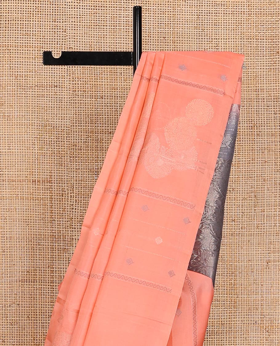 Borderless Peach Mayuri Soft Silk Saree Prettified with Buttas and Stripes All Over the Body, Complemented by a Contrast Pallu of Floral Jaal Design, and Paired with a Contrast Blouse