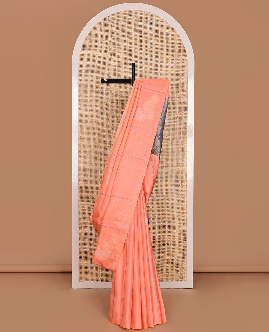 Borderless Peach Mayuri Soft Silk Saree Prettified with Buttas and Stripes All Over the Body, Complemented by a Contrast Pallu of Floral Jaal Design, and Paired with a Contrast Blouse