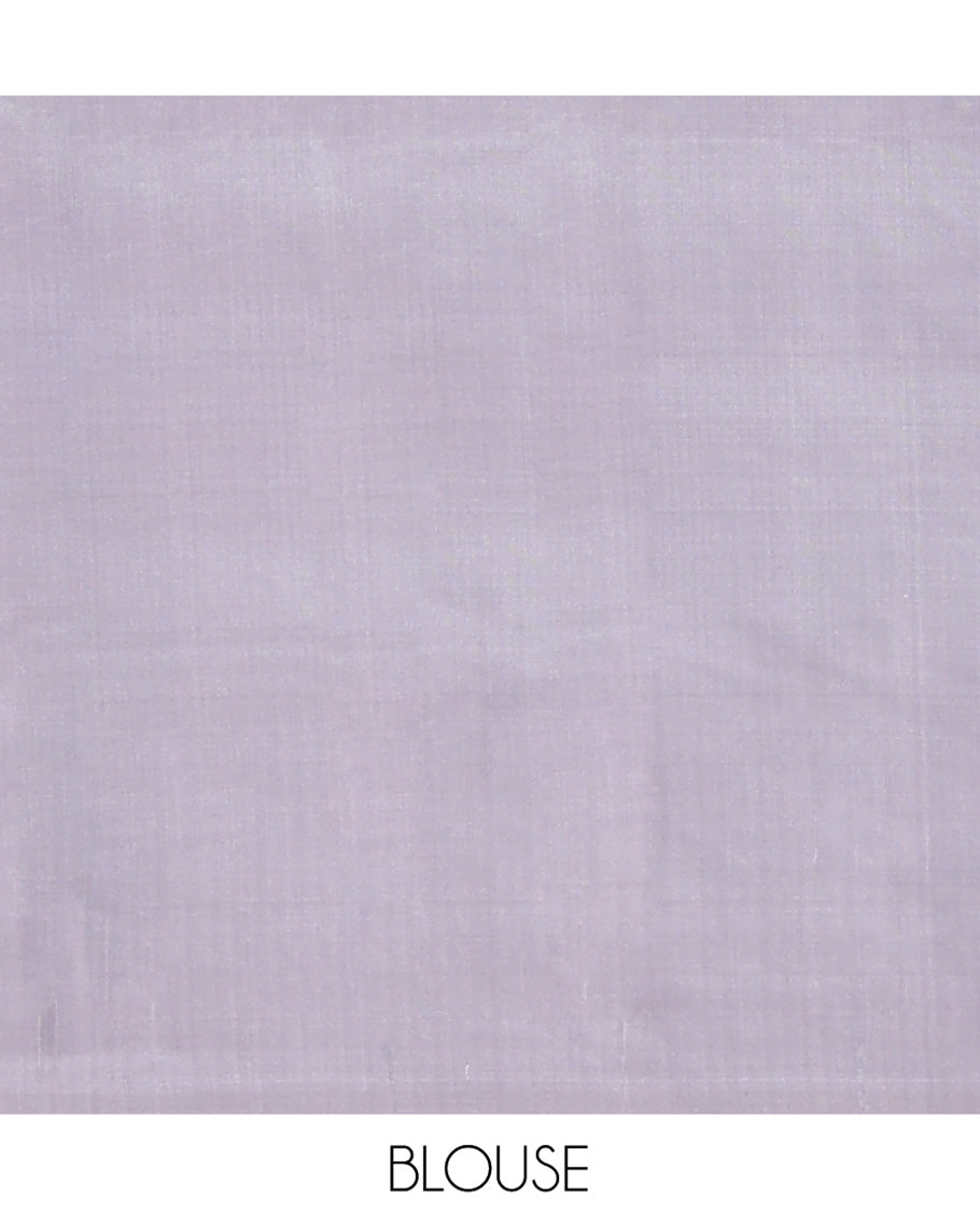 Borderless Peach Mayuri Soft Silk Saree Prettified with Buttas and Stripes All Over the Body, Complemented by a Contrast Pallu of Floral Jaal Design, and Paired with a Contrast Blouse