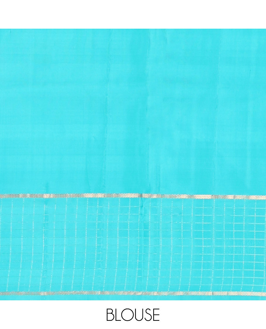 Pink plain design soft silk saree, contrast zari checked blue border & pallu of chevron pattern