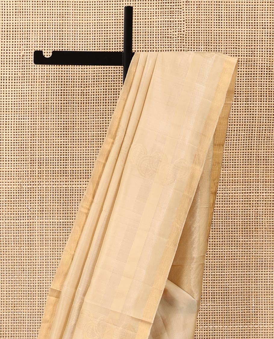 Sandal zari striped and buttas soft silk saree, zari piping border and pallu of diagonal stripes