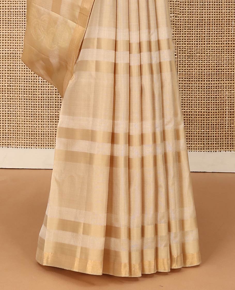 Sandal zari striped and buttas soft silk saree, zari piping border and pallu of diagonal stripes