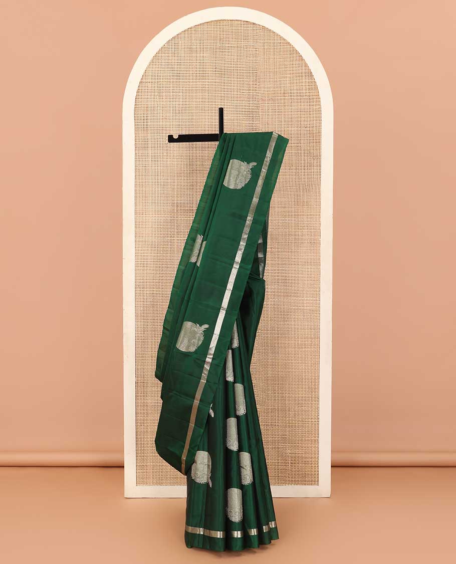 Green moon and peacock zari buttas soft silk saree, chevron zari striped border, self-pallu of chevron stripes