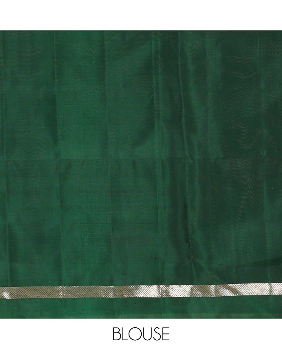Green moon and peacock zari buttas soft silk saree, chevron zari striped border, self-pallu of chevron stripes