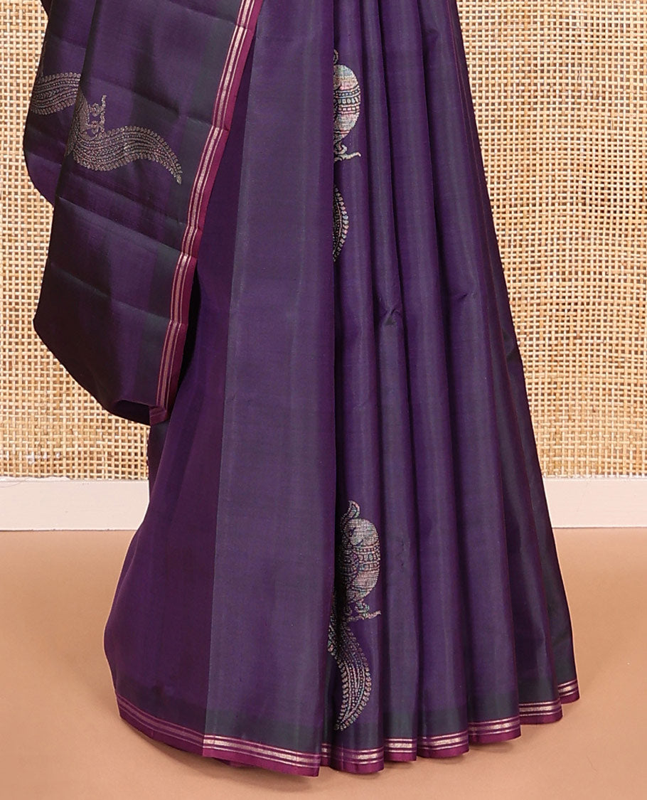 Violet mayil buttas soft silk saree, contrast zari piping border, and geometric patterned pallu