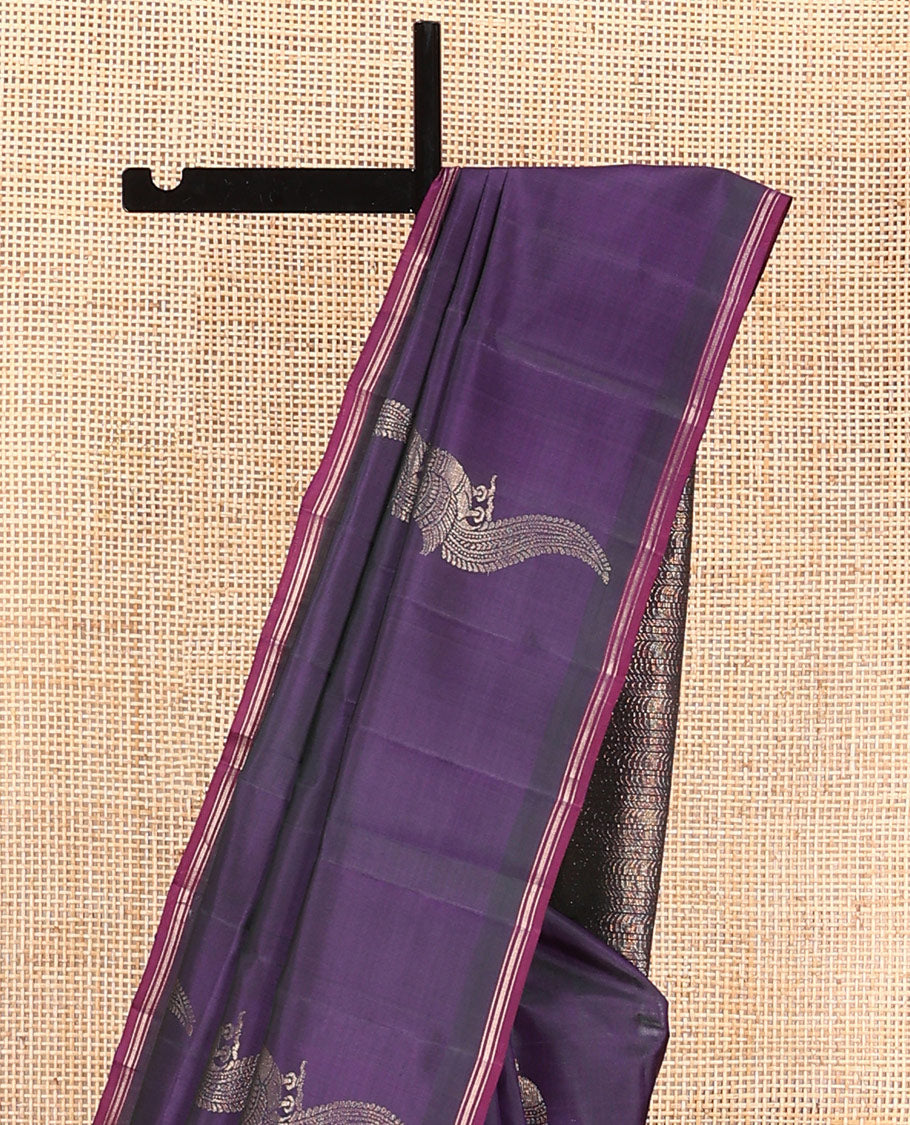 Violet mayil buttas soft silk saree, contrast zari piping border, and geometric patterned pallu