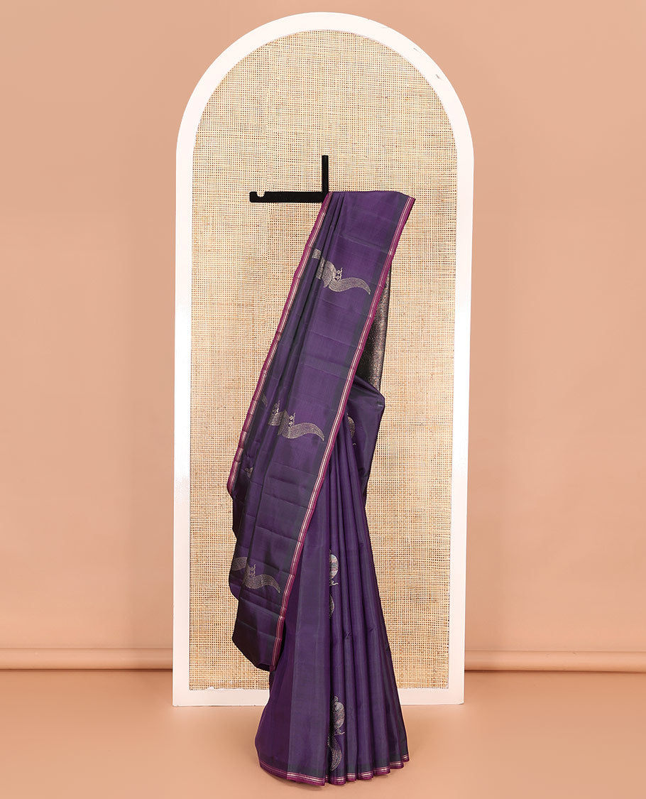 Violet mayil buttas soft silk saree, contrast zari piping border, and geometric patterned pallu
