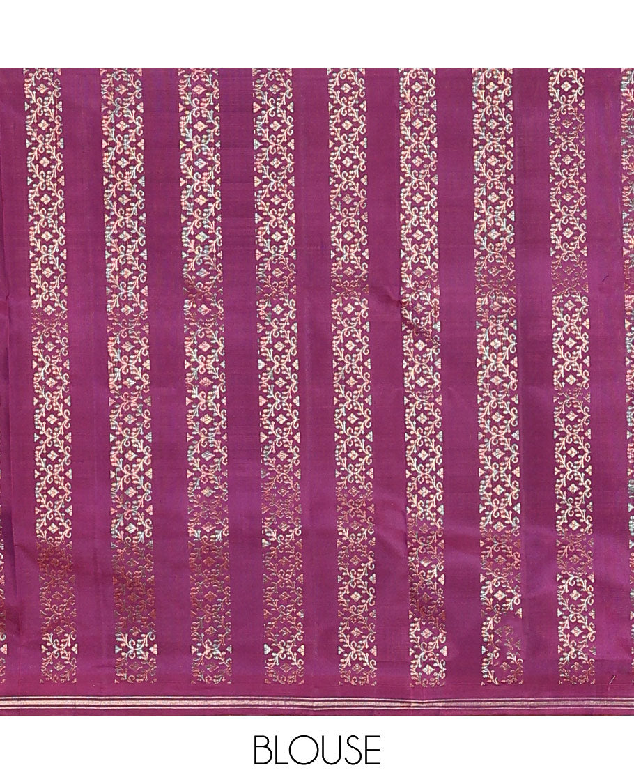 Violet mayil buttas soft silk saree, contrast zari piping border, and geometric patterned pallu