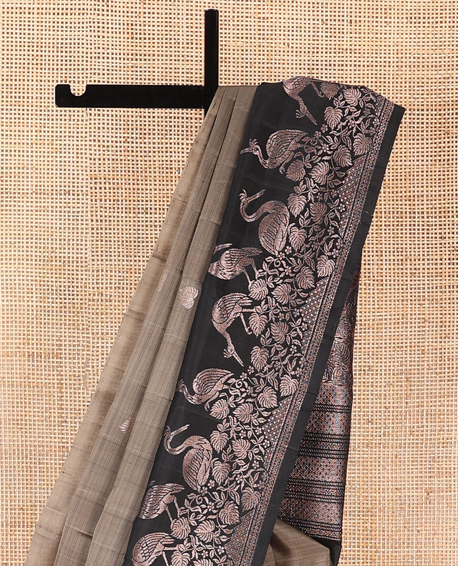Grey zari buttas soft silk saree, contrast floral and bird motifs border, and pallu of jaal, floral, and bird designs