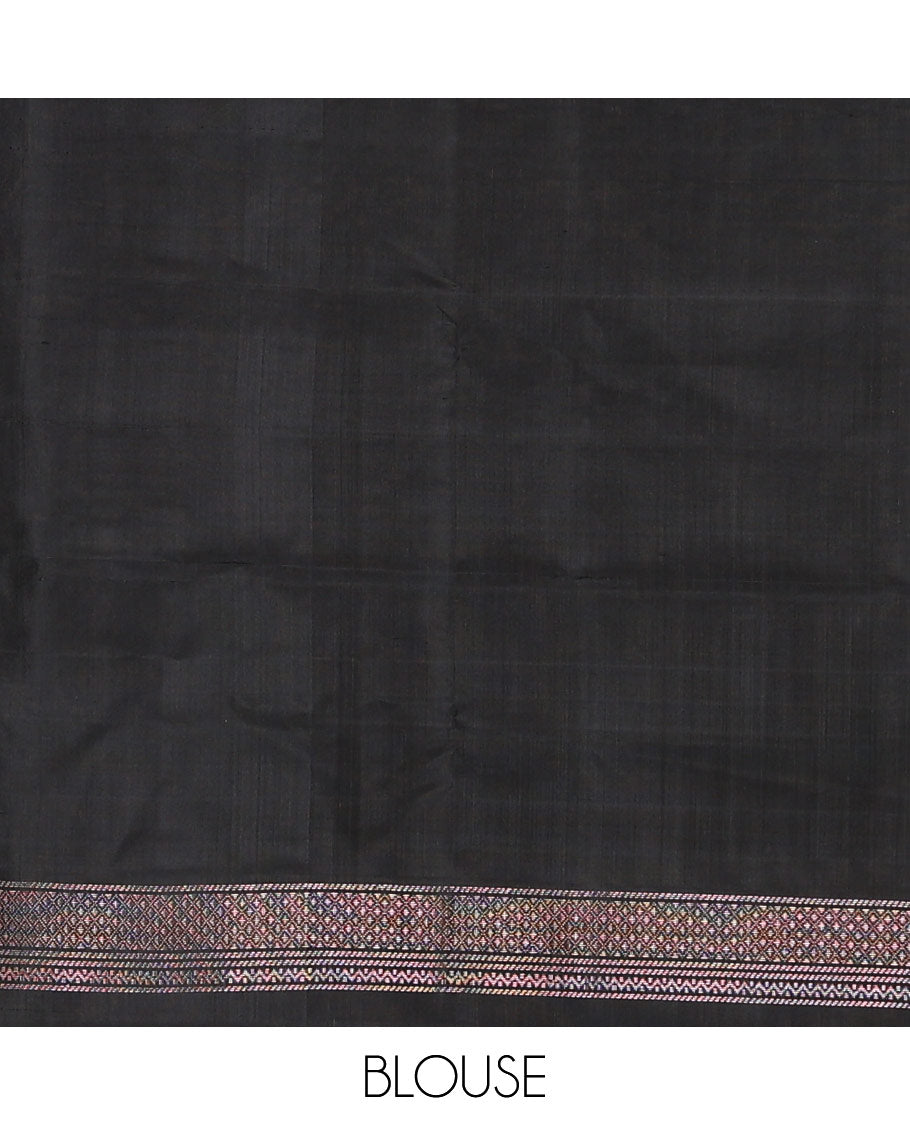 Grey zari buttas soft silk saree, contrast floral and bird motifs border, and pallu of jaal, floral, and bird designs