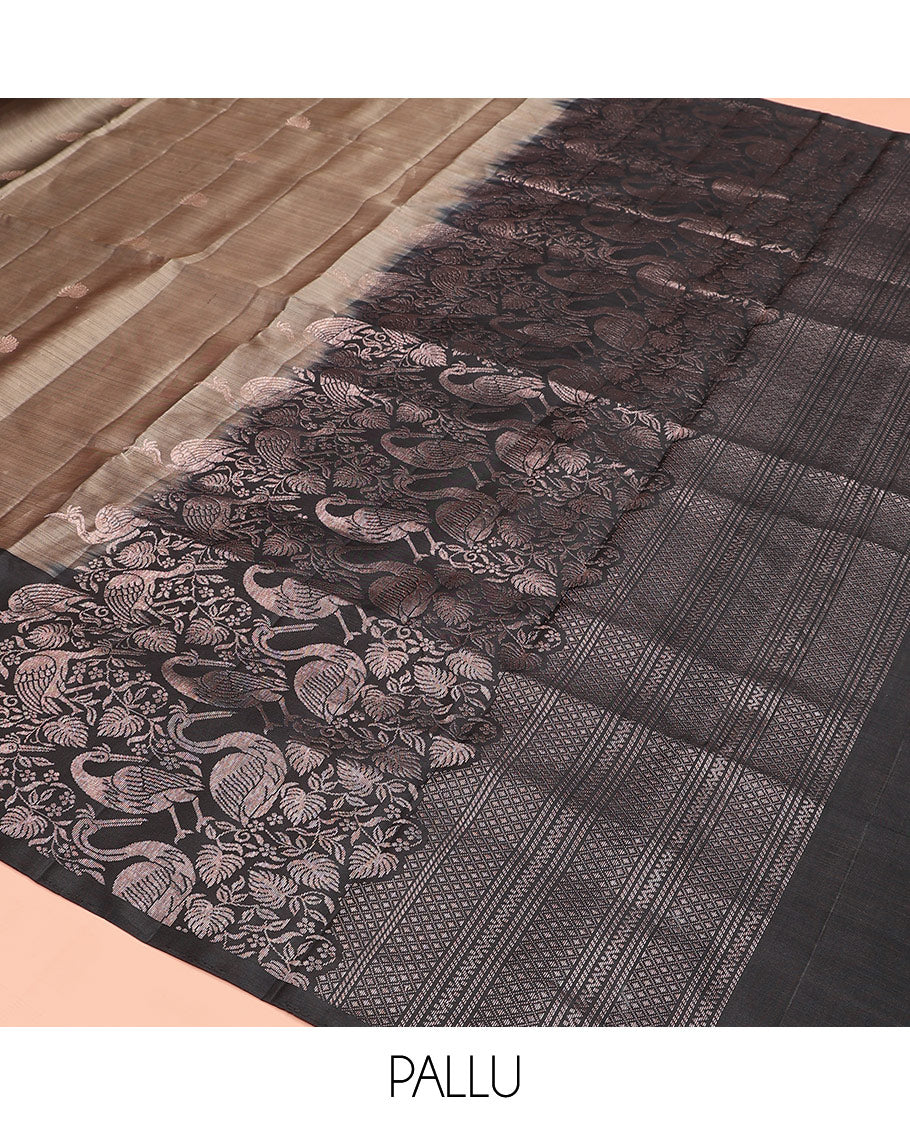 Grey zari buttas soft silk saree, contrast floral and bird motifs border, and pallu of jaal, floral, and bird designs
