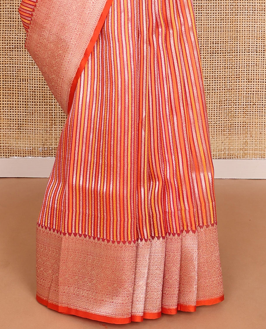 Orange geometric patterns striped organza saree, contrast traditional zari design border & zari-rich intricate pallu