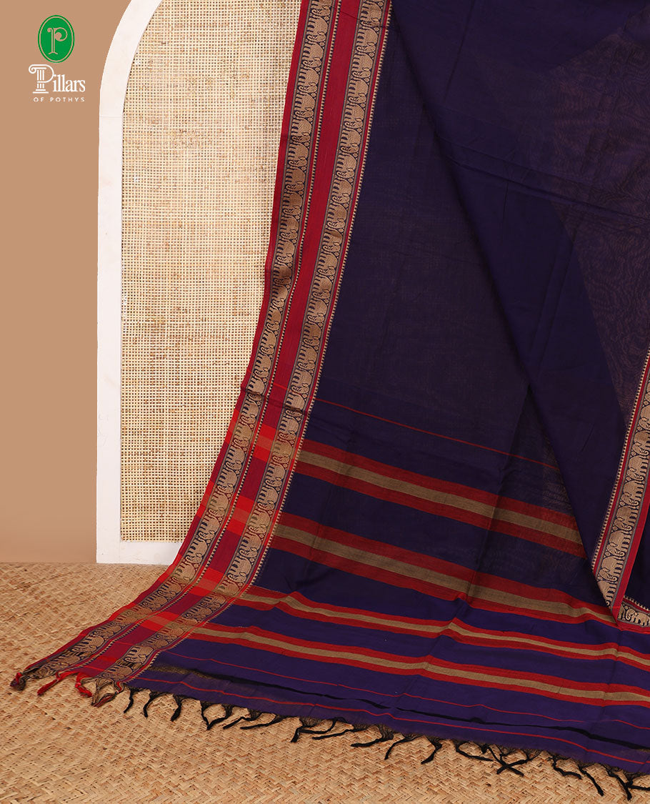 Blue mercerised cotton saree with elephant thread weaving border & seer pallu along with running blouse