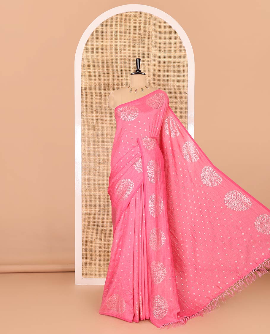 Pink plus buttas woven Vichitra silk saree, kalpavriksha tree motifs woven on its border, self-pallu, and no blouse