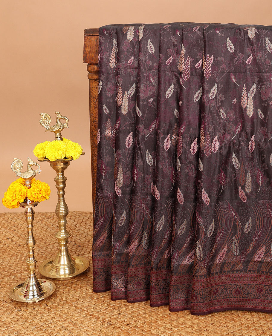Wine color copper thread leaf design mulberry satin silk saree with zari border & rich pallu along with emboss zari border blouse