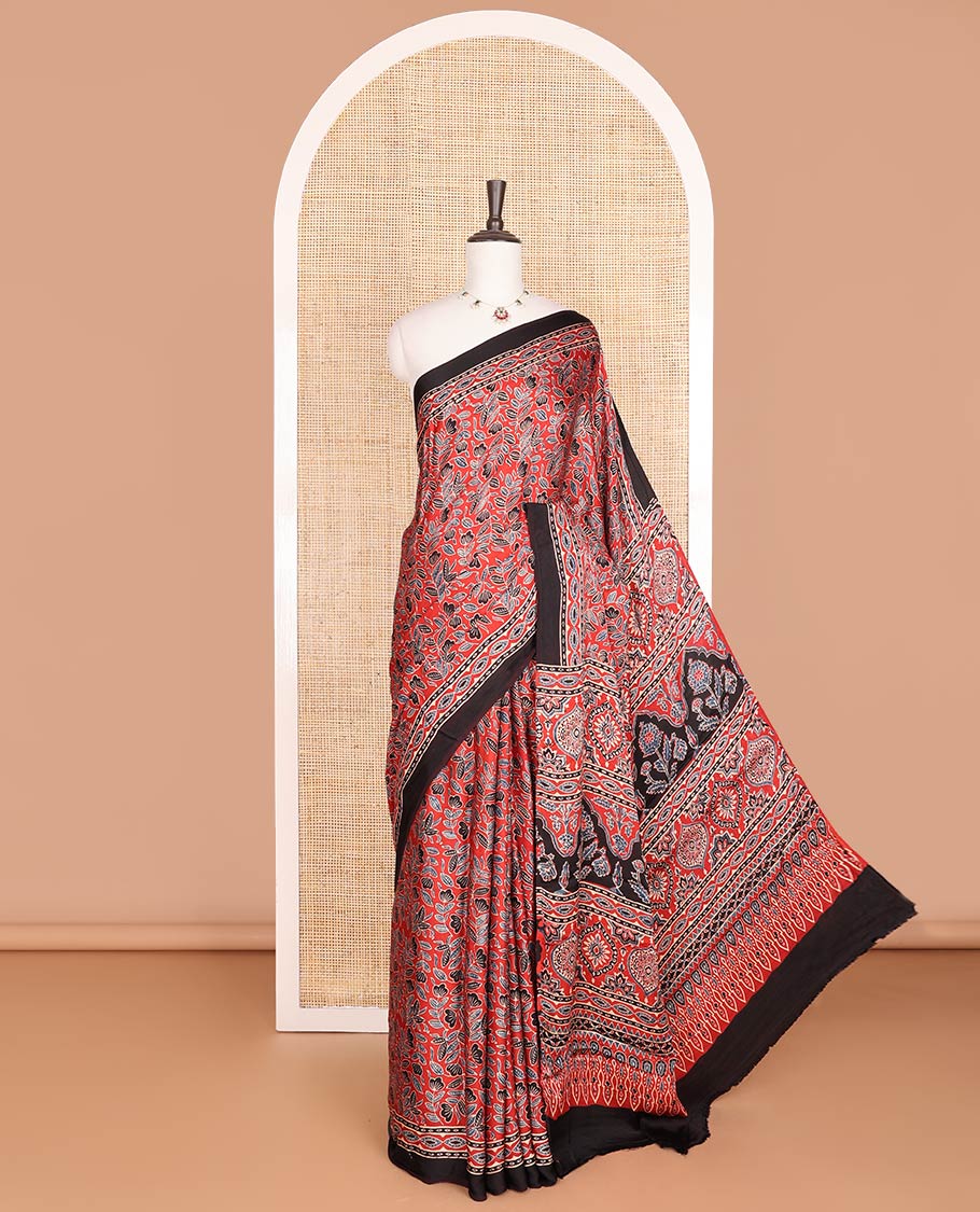 Red floral design modal saree with contrast border & floral design pallu