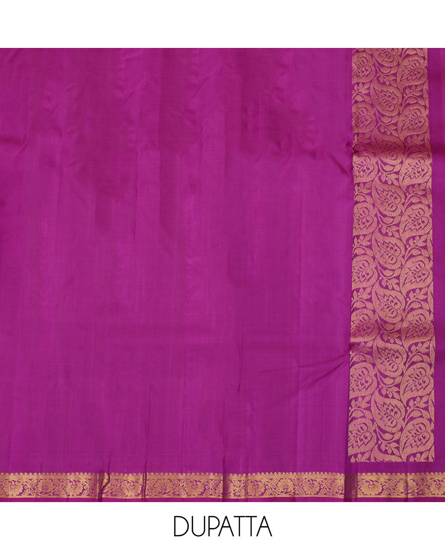 Pink pure silk half saree, zari buttas skirt, contrast border & blouse of thilakam mokku,Muthu,ara bogudi,star vanki & mango design, intricate zari woven dhavani