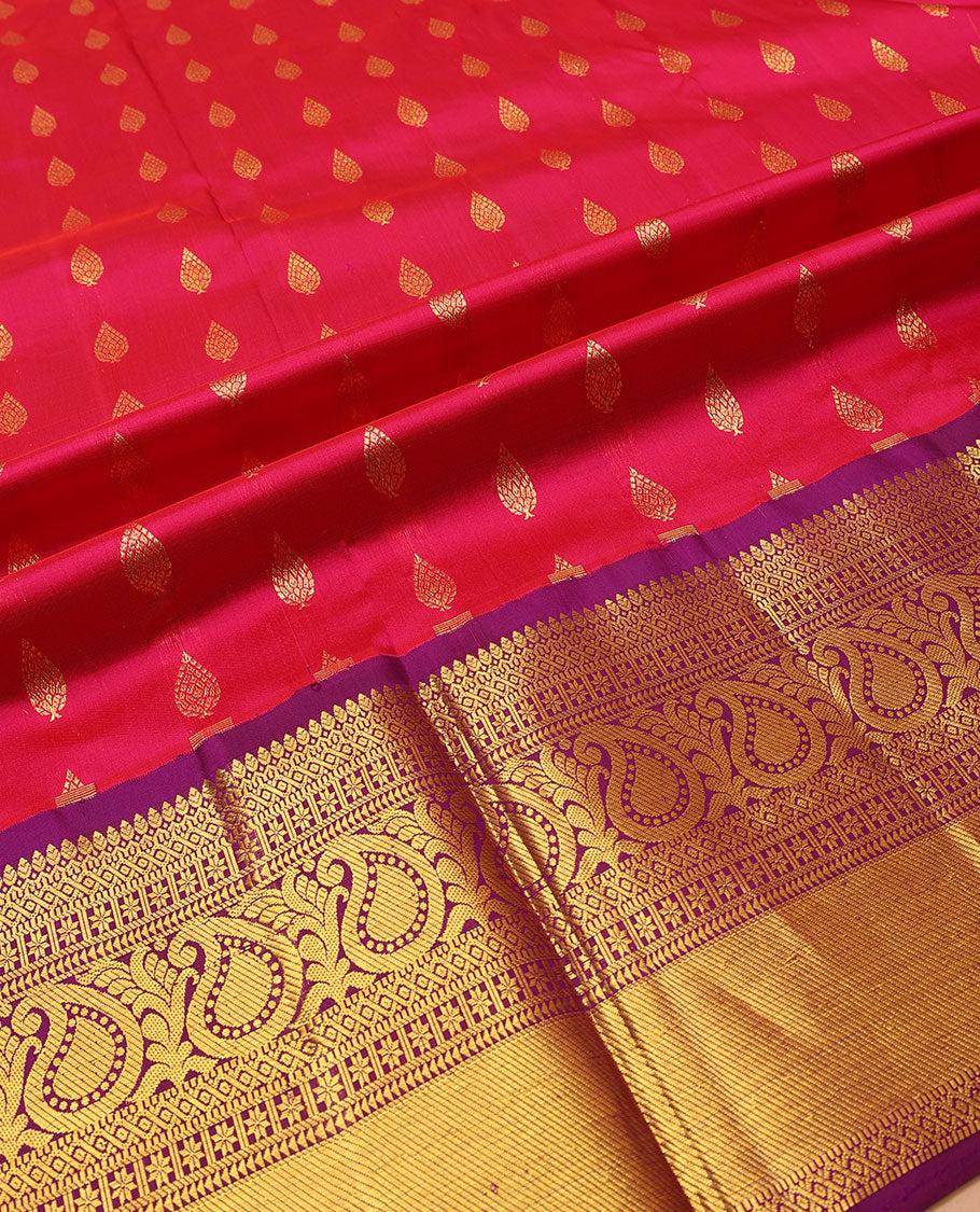 Pink pure silk half saree, zari buttas skirt, contrast border & blouse of thilakam mokku,Muthu,ara bogudi,star vanki & mango design, intricate zari woven dhavani