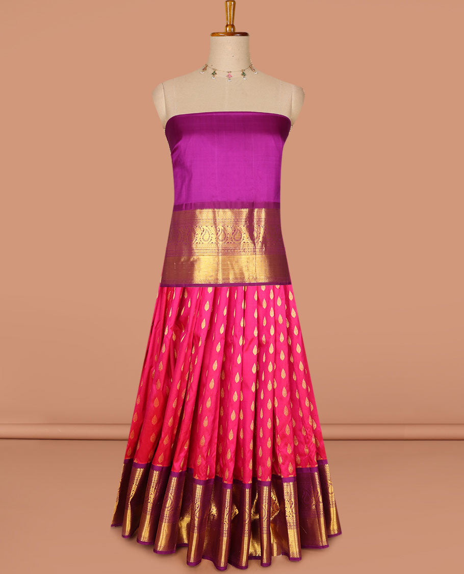 Pink pure silk half saree, zari buttas skirt, contrast border & blouse of thilakam mokku,Muthu,ara bogudi,star vanki & mango design, intricate zari woven dhavani