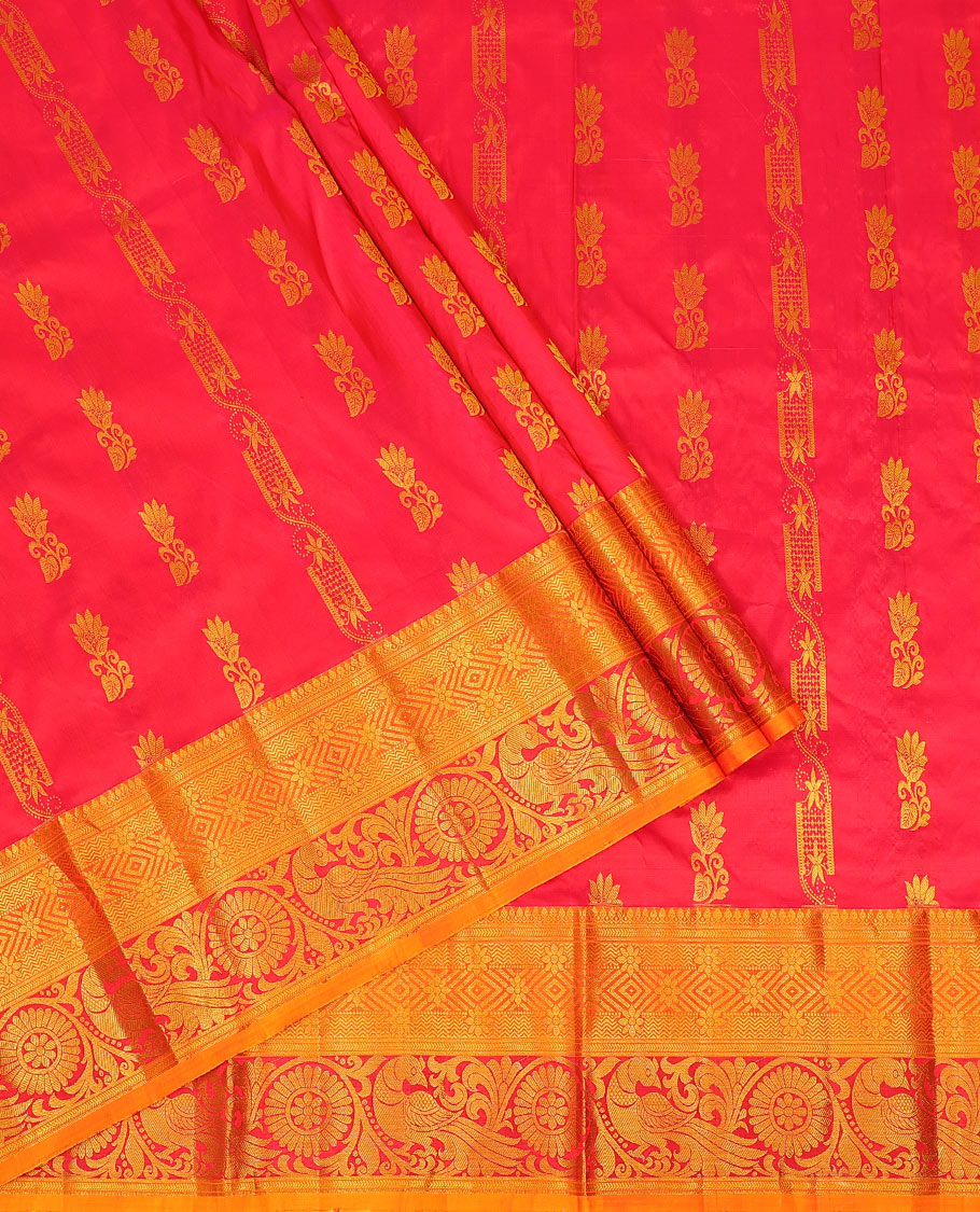 Red zari buttas pure-silk half-saree with contrast border of thilakam mokku, kathir, vanki, floral, and mayil chakram designs, contrast zari bordered blouse, and a jaal dhavani