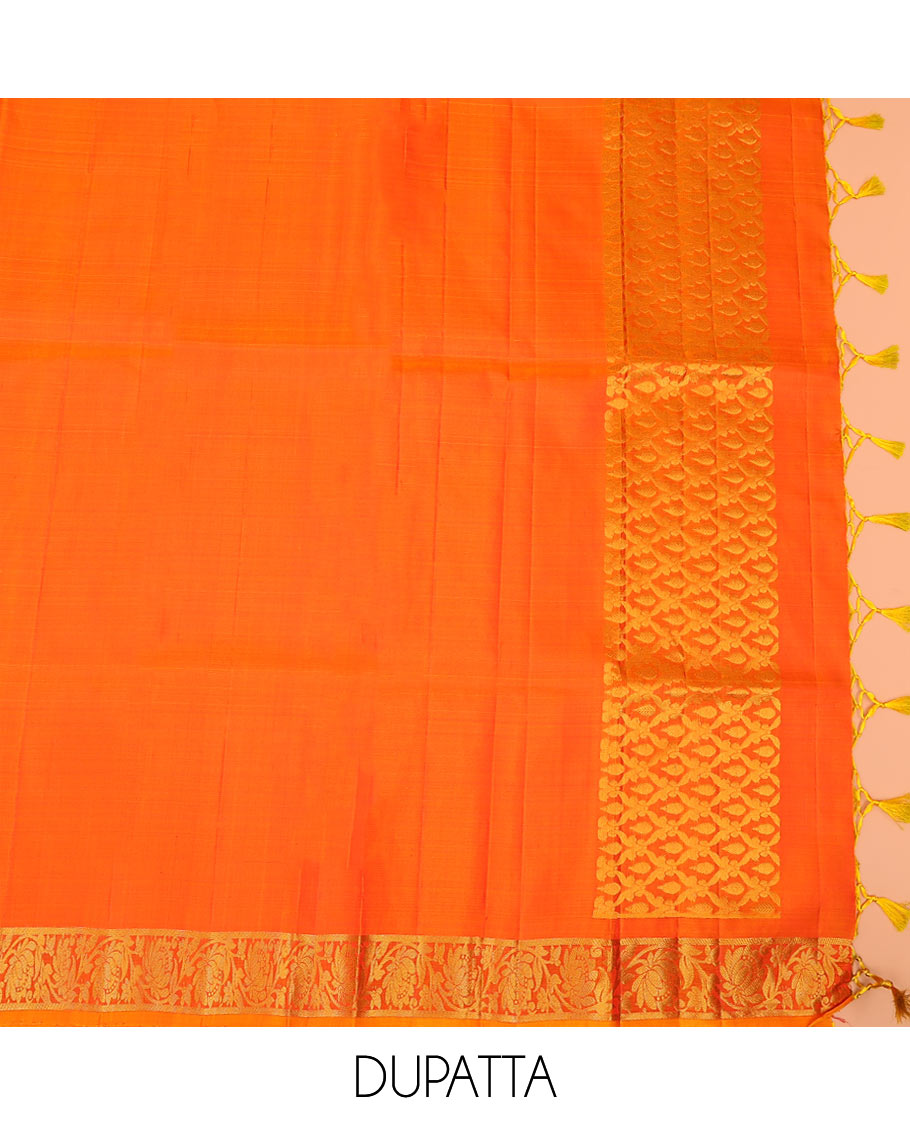 Red zari buttas pure-silk half-saree with contrast border of thilakam mokku, kathir, vanki, floral, and mayil chakram designs, contrast zari bordered blouse, and a jaal dhavani