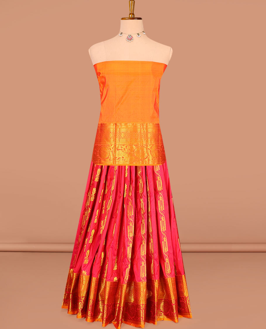 Red zari buttas pure-silk half-saree with contrast border of thilakam mokku, kathir, vanki, floral, and mayil chakram designs, contrast zari bordered blouse, and a jaal dhavani