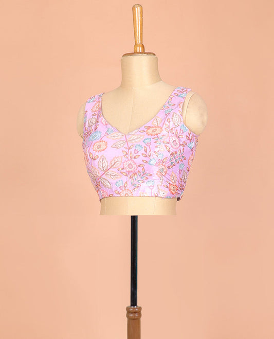 Pink floral motifs printed & embroidered front and back leaf-neck sleeveless readymade blouse
