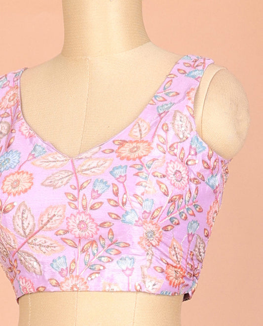 Pink floral motifs printed & embroidered front and back leaf-neck sleeveless readymade blouse
