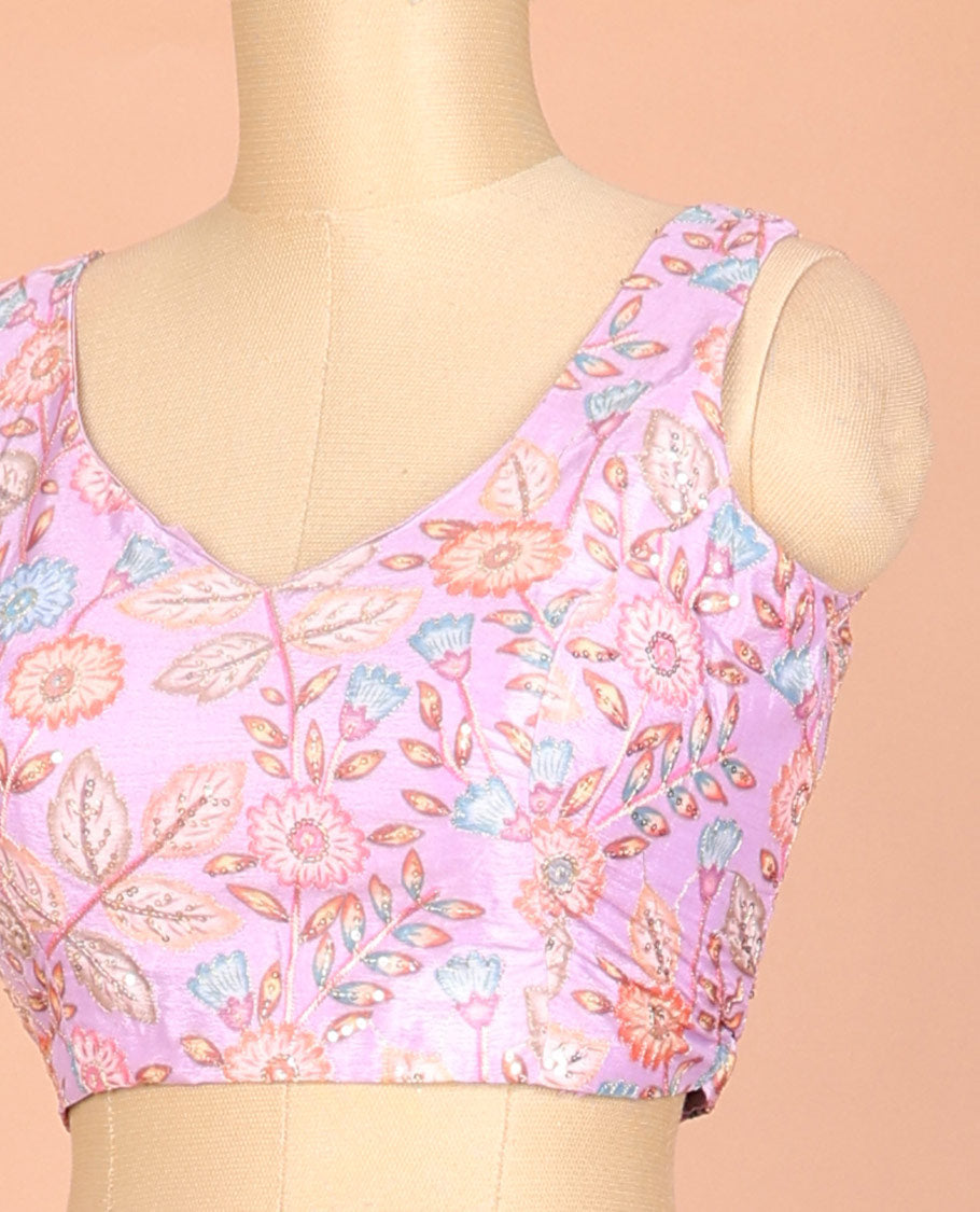 Pink floral motifs printed & embroidered front and back leaf-neck sleeveless readymade blouse