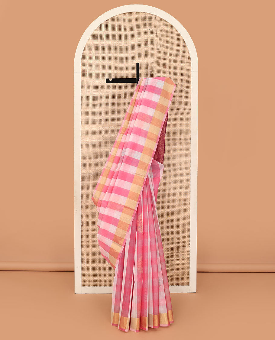 Pink striped silk cotton saree, zari border and contrast zari rich intricate pallu