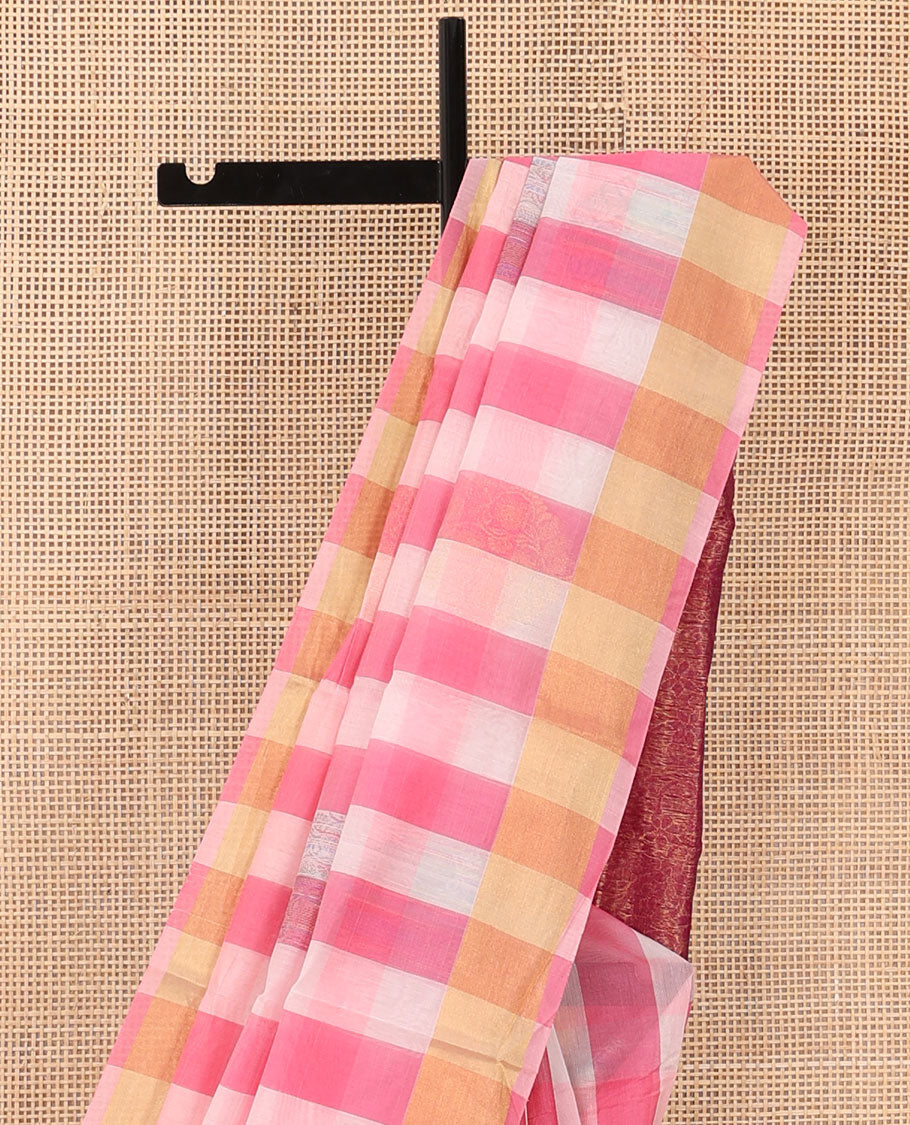 Pink striped silk cotton saree, zari border and contrast zari rich intricate pallu